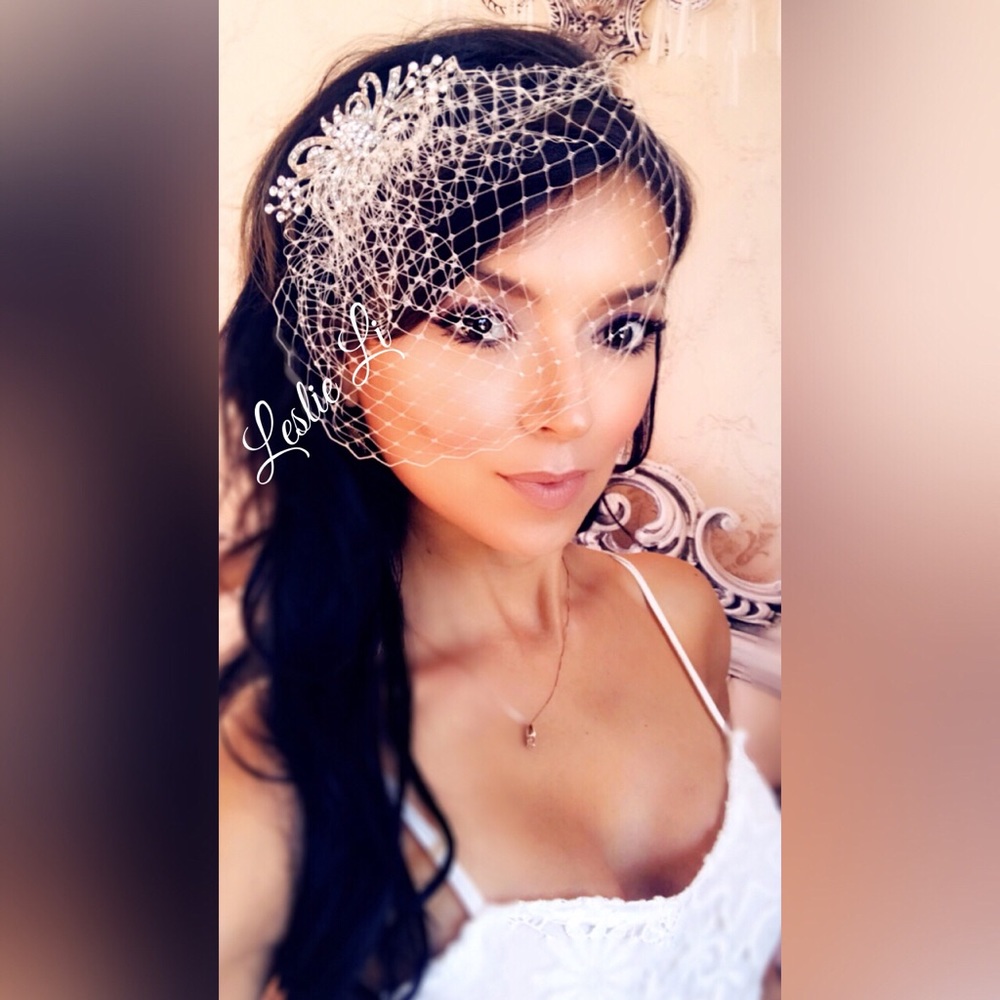 Leslie Li Birdcage Veil & Vintage Brooch Ivory